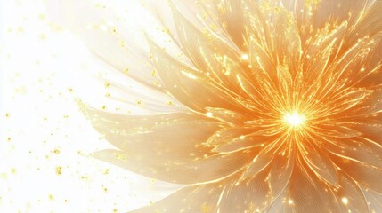 Radiant golden abstract flower with glowing layered petals and sparkling particles, an ethereal luminous burst conveying warmth and wonder