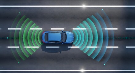 Autonomous car driving with advanced driver assistance system adas technology scanning road with sensors for safety and intelligent navigation system on asphalt surface road background