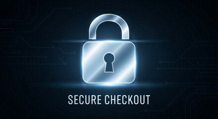 Silver padlock with secure checkout text on dark blue background image