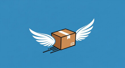Flying package with wings, fast delivery concept on blue background