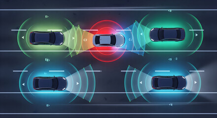 Autonomous vehicles using advanced driver assistance system with radar sensors for safety scanning road in self driving mode to avoid car accident on highway with lane assist