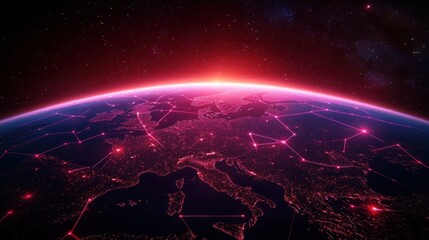 neon pink network and hexagonal grid overlaying europe at night on a glowing earth horizon with city lights, sunrise glow and starry space, evoking futuristic awe