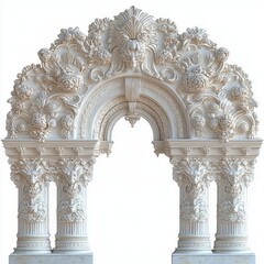 Naklejka premium ornate carved stone archway with floral garlands, sculpted faces and decorative Corinthian columns conveying grandeur and delicate elegance