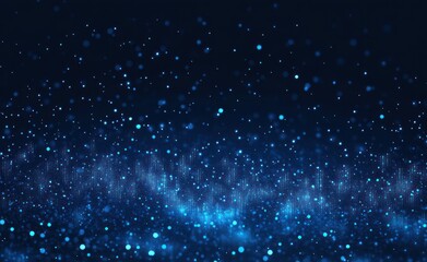 blue glowing particles and vertical light wave over a dark background, shimmering bokeh field conveying calm futuristic wonder and mystery