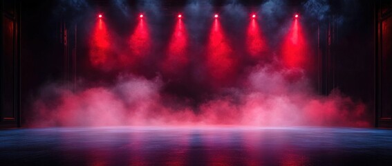 Empty theater stage bathed in red spotlights and swirling low fog, dramatic mysterious atmosphere