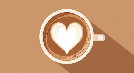 Top view of coffee cup with heart shape latte art on brown background