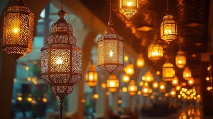 Row of ornate hanging metal lanterns with intricate filigree casting warm amber glow in arched interior, creating a cozy romantic and festive atmosphere