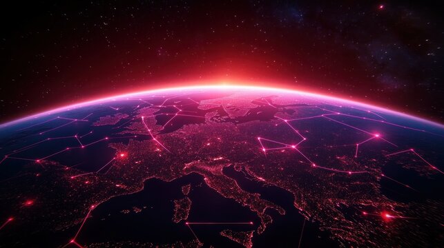 neon pink network and hexagonal grid overlaying europe at night on a glowing earth horizon with city lights, sunrise glow and starry space, evoking futuristic awe - Powered by Adobe