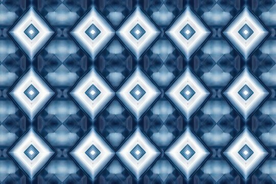 repeating blue and white geometric diamond tile pattern with glowing centers, symmetrical kaleidoscopic design conveying a calming, hypnotic mood