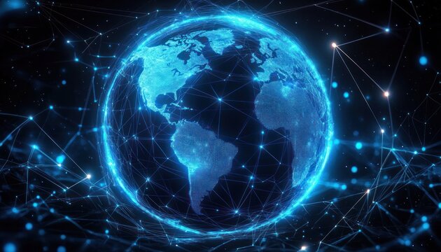 glowing blue digital globe showing the americas and parts of europe and africa surrounded by interconnected network lines, nodes and particles, evoking a futuristic connected world