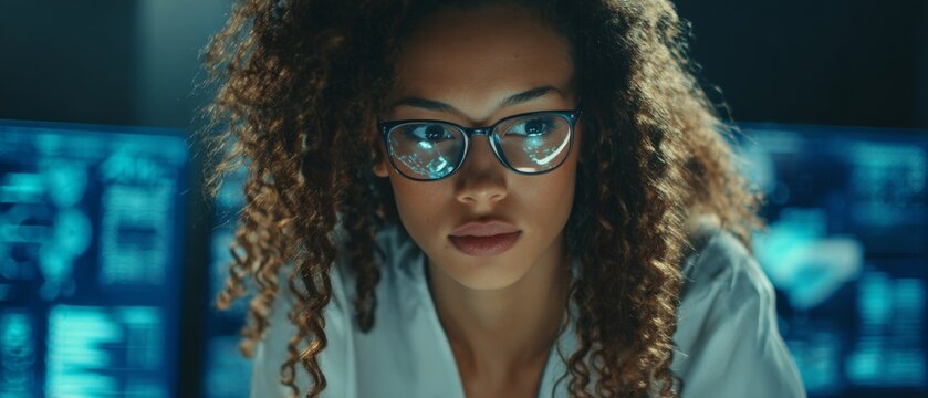 Innovative minds: women leading in digital data exploration. Clean retouch. Woman with chic glasses analyzes complex digital displays. Commercial image. Fashion beauty. - Powered by Adobe