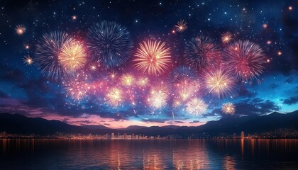 Vibrant fireworks bursting over a coastal city skyline at twilight with starry sky, silhouetted mountains and shimmering reflections on calm water conveying celebration and awe