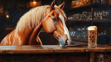 Curious chestnut horse with a white blaze leaning over a wooden bar counter beside a foamy pint of beer in a warm, dimly lit pub, whimsical and contemplative mood
