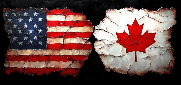 distressed torn american flag and cracked canadian flag panels side by side on black background conveying tension and rugged resilience
