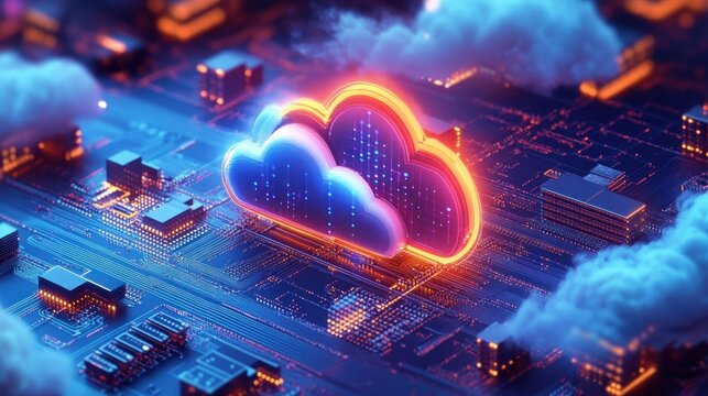 Dual glowing neon cloud icon hovering over a detailed circuit board with microchips and small vapor clouds, digital rain inside the cloud, vibrant blue and orange, futuristic energy - Powered by Adobe