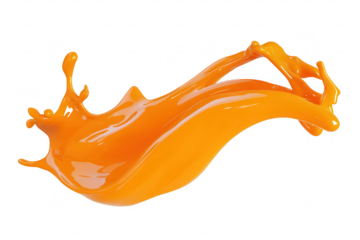 A splash of orange paint gracefully arcs through the air. dynamic movement and fluidity against a clean white background. ideal for creative projects and artistic expressions