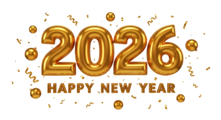 Golden balloon numbers 2026 and happy new year with confetti