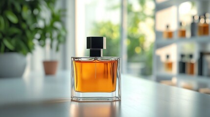 Elegant glass perfume bottle filled with amber fragrance on sunlit table conveying warmth and sophistication
