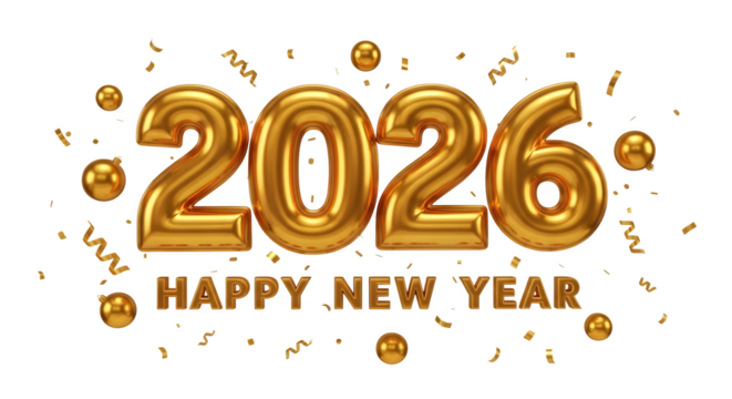 Golden balloon numbers 2026 and happy new year with confetti
