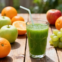 Fototapeta premium Chilled green beverage prepared with fresh whole fruits sits ready on a rustic outdoor table