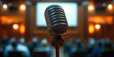 Retro microphone on stand in front of a blurred seated audience and glowing projection screen, warm stage lights creating a mood of anticipation and focus