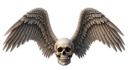 Detailed Skull with Large Feathered Wings Spread Wide.