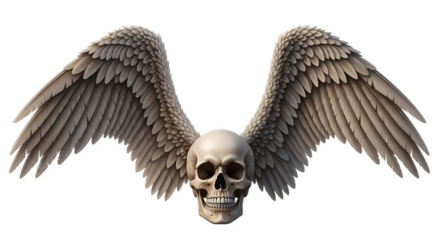 Detailed Skull with Large Feathered Wings Spread Wide.