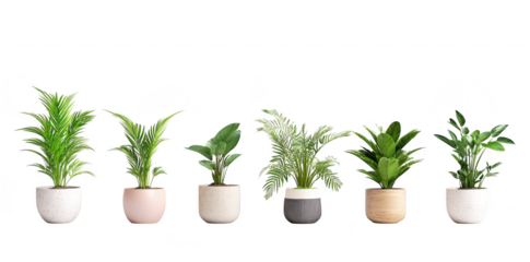 A serene display of six diverse indoor plants in stylish pots arranged in a row against a clean white background. creating a calming atmosphere perfect for home decor or interior design inspiration