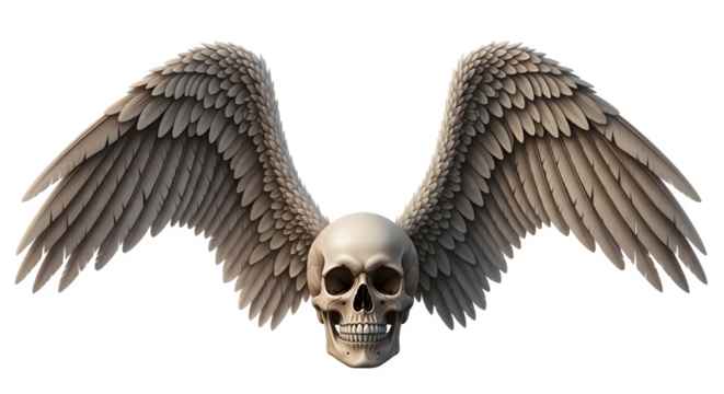 Detailed Skull with Large Feathered Wings Spread Wide.