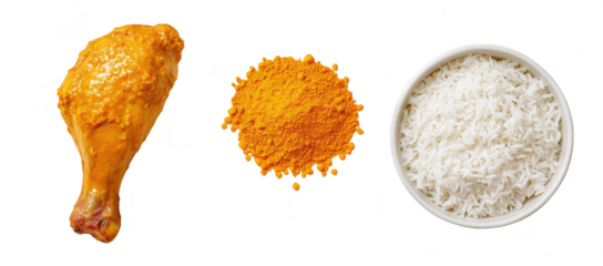A arrangement featuring a marinated chicken drumstick. a mound of turmeric powder. and a bowl of fluffy white rice. ideal for culinary presentations or food-related content
