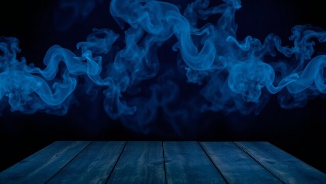 Mysterious blue smoke swirling above a dark wooden surface