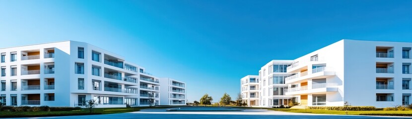 Sunlit modern white apartment complexes with balconies and glass facades overlooking manicured lawns and an empty paved driveway under a clear blue sky, calm and serene