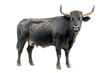 A majestic black bull stands confidently against a plain white background. its strong physique and impressive horns. ideal for agricultural or animal-related projects