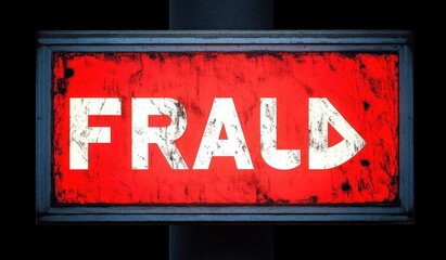 grungy illuminated red metal sign with bold white letters reading frald mounted on a pole, scratched and weathered, glowing against a dark background with an ominous industrial mood