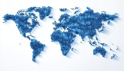 Abstract world map formed by blue dotted grid with long diagonal shadows on white background conveying a modern connected global network and futuristic feeling