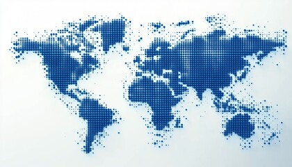 blue dotted world map on white background, minimalist halftone globe composition conveying global connection and modern calm