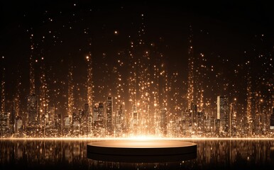 A cityscape backdrop with glowing particles rising from a stage, reflecting below