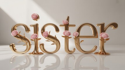 Golden sister text with pink roses, elegant floral typography