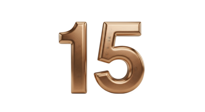 Golden Number 15 with Metallic Texture and 3D Effect.