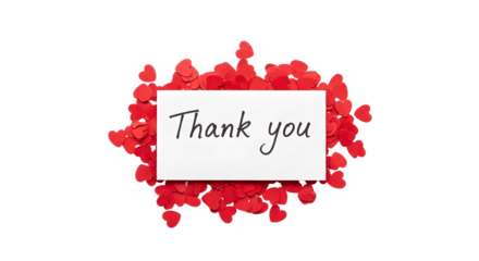 Thank You card surrounded by small red heart shapes.