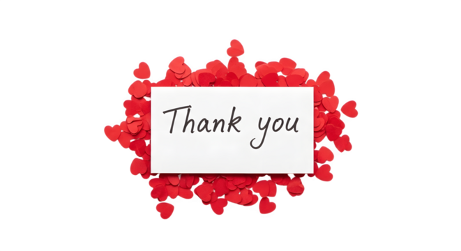 Thank You card surrounded by small red heart shapes.