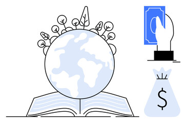 Planet Earth with trees atop an open book alongside money bag and hand holding currency, symbolizing environmental conservation, finance, education, renewable energy, and investments. Ideal