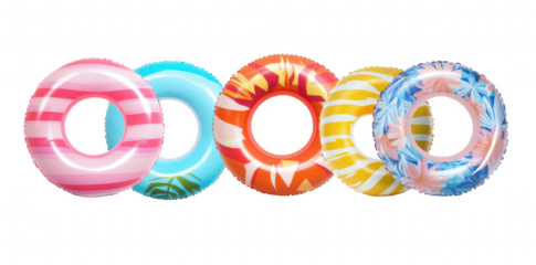 A collection of five colorful inflatable pool rings arranged in a row. various tropical patterns against a clean white background. ideal for summer-themed designs and leisure activities