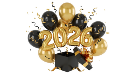 New year 2026 festive golden balloons and confetti from gift box