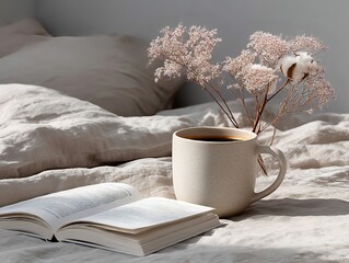 朝, コーヒー, 本, 綿, sunlight, cozy, breakfast, 癒し, 暖かい, mug, カフェ, ナチュラル, simplicity, morning, 癒し時間