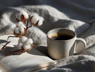 朝, コーヒー, 本, 綿, sunlight, cozy, breakfast, 癒し, 暖かい, mug, カフェ, ナチュラル, simplicity, morning, 癒し時間
