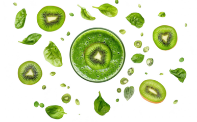 A green smoothie made from fresh spinach and kiwi. surrounded by sliced kiwis and spinach leaves. set against a clean white background. perfect for health and wellness promotions