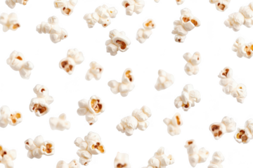 A dynamic. high-resolution image capturing popcorn kernels suspended in mid-air against a clean white background. ideal for food-related content. cooking articles. or snack promotions