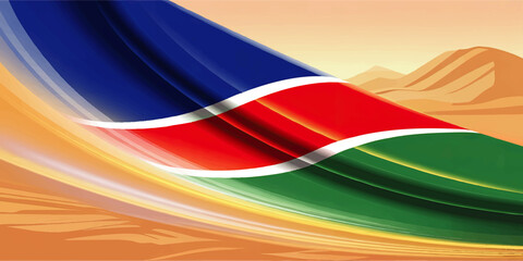 Abstract Namibia flag wave over desert dunes, colorful patriotic African background illustration for travel, independence and national pride designs