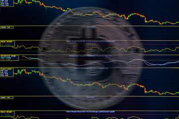 Bitcoin blur with stock market chart graph accounting display price digital marketing success background, growth maoney diagram management financial curreency exchange trade indicator buy sell index